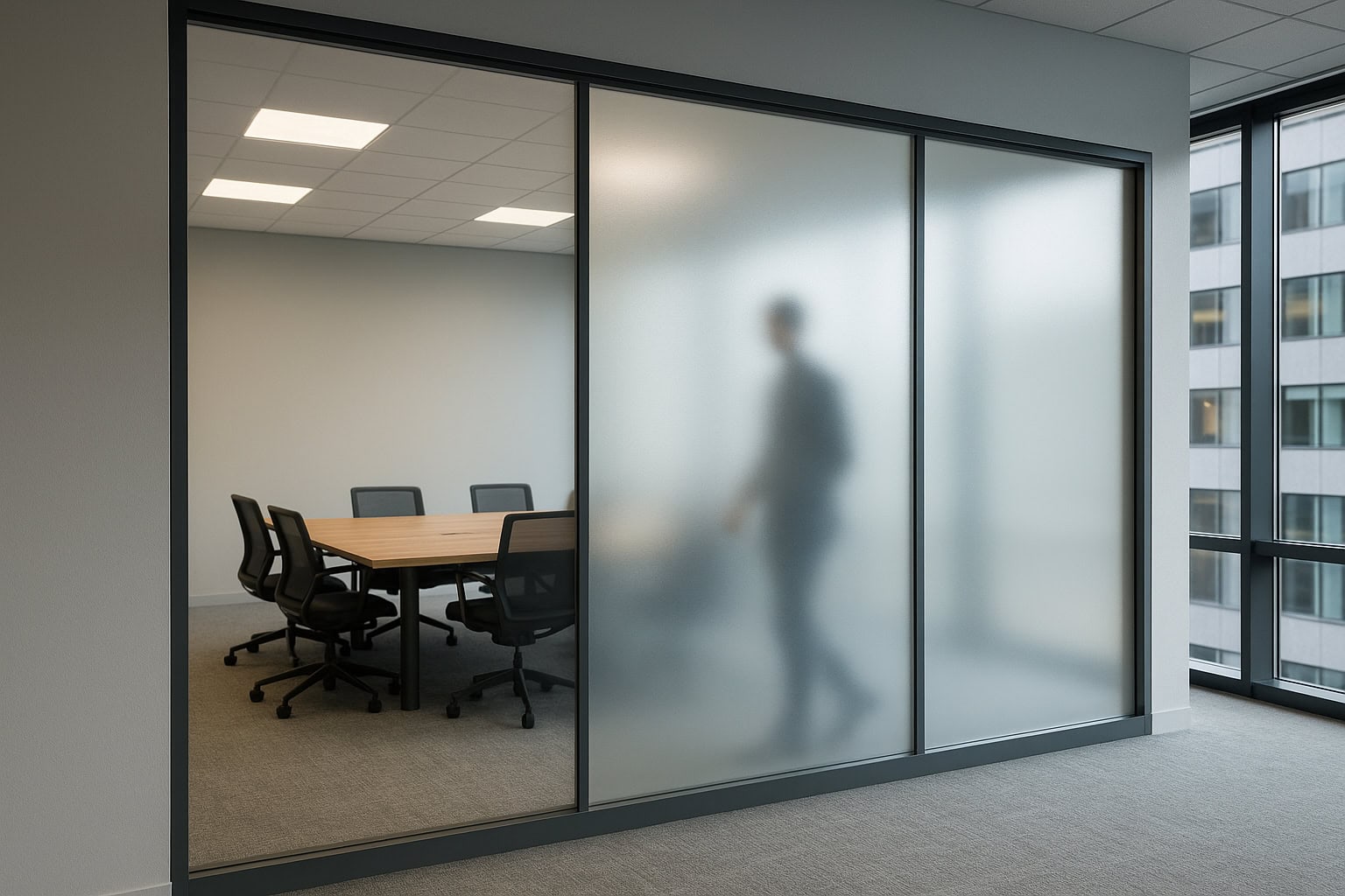 Dimmbare schaltbare folie shop produkte schaltbares glas buero trennwand transparent frosted